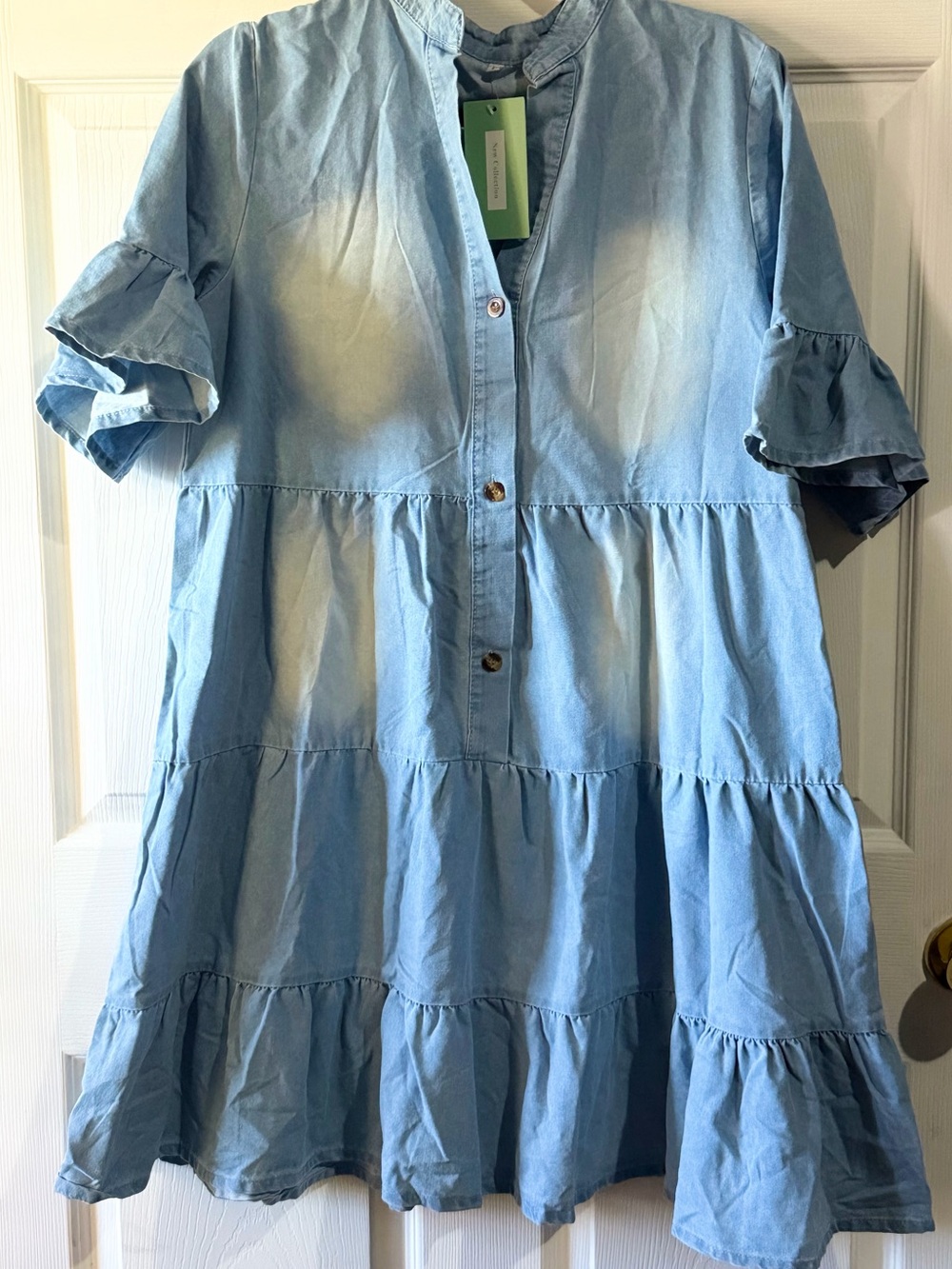 Women Light Blue Tiered Ruffle Dress with Button Front